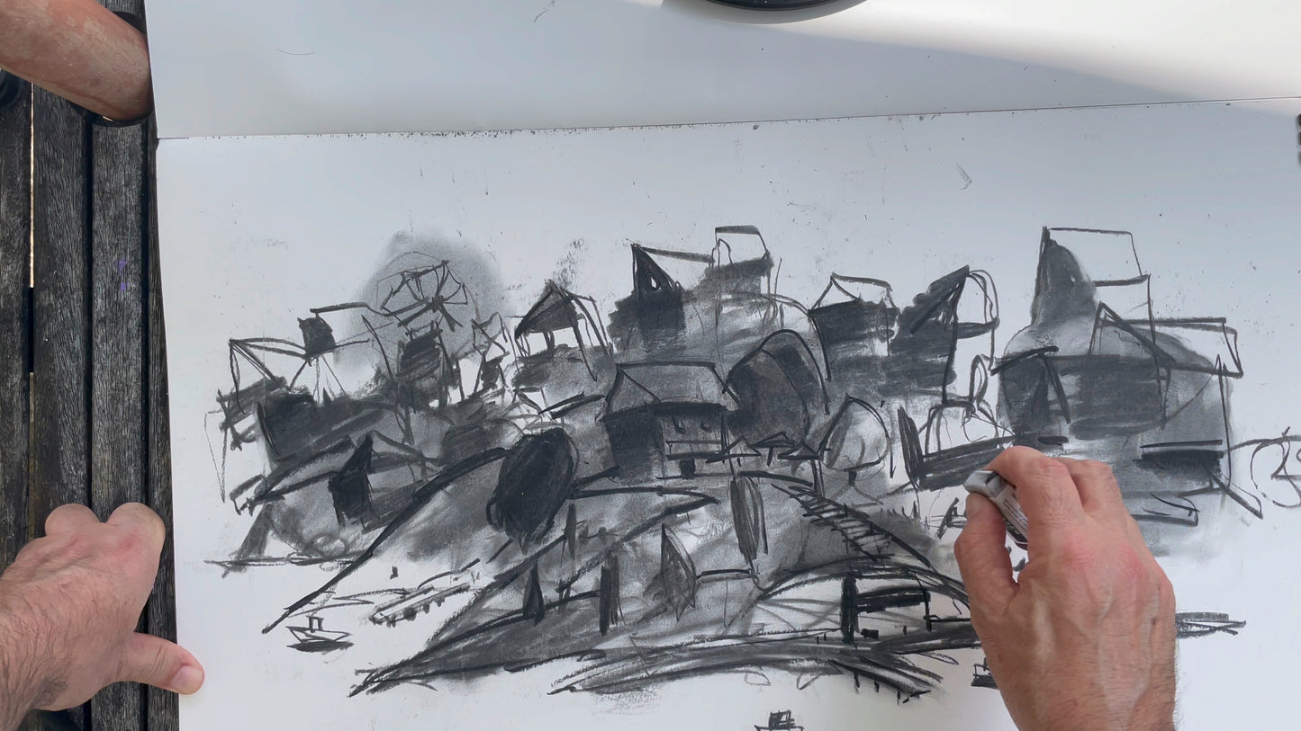 Fishing village, Charcoal drawing