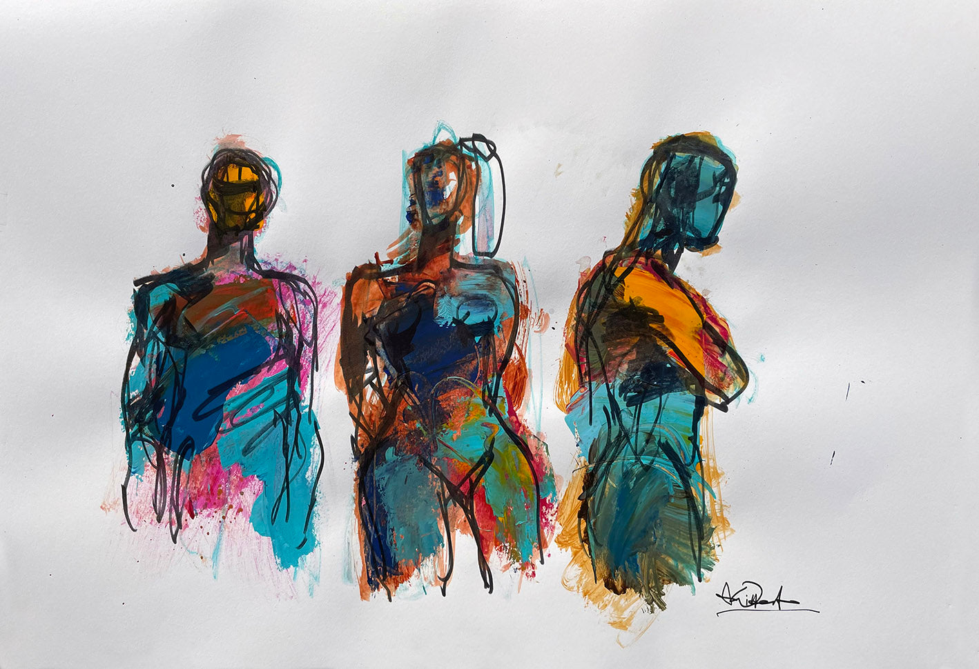 Three figures in acrylic and marker