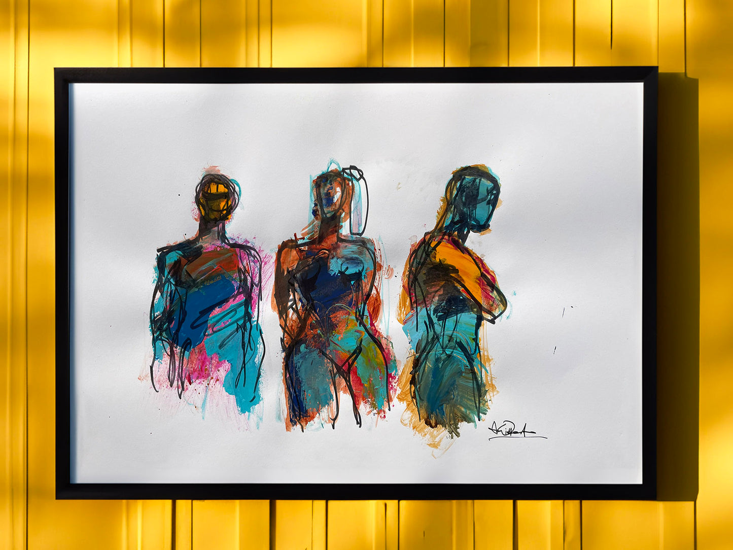 Three figures in acrylic and marker